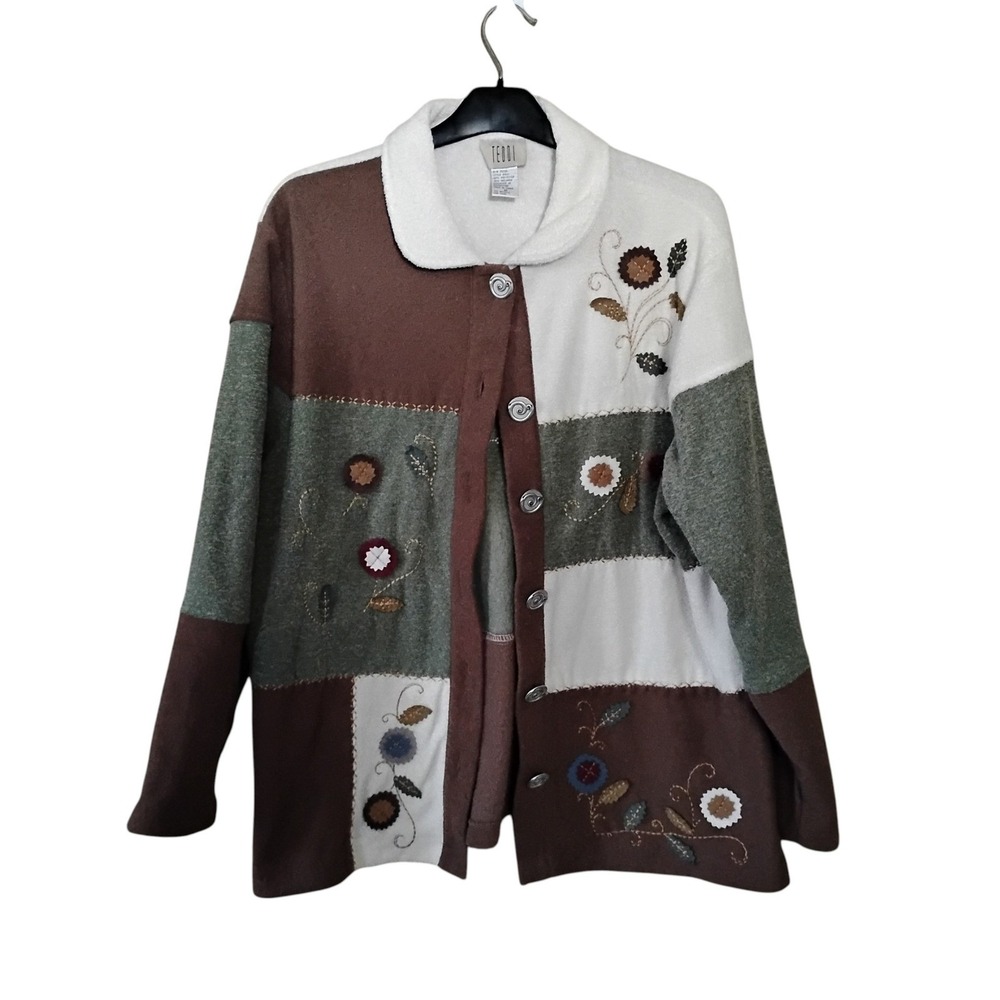 Teddi Vintage Patchwork Floral Embroidery Button Front Cardigan Sweater Brown M